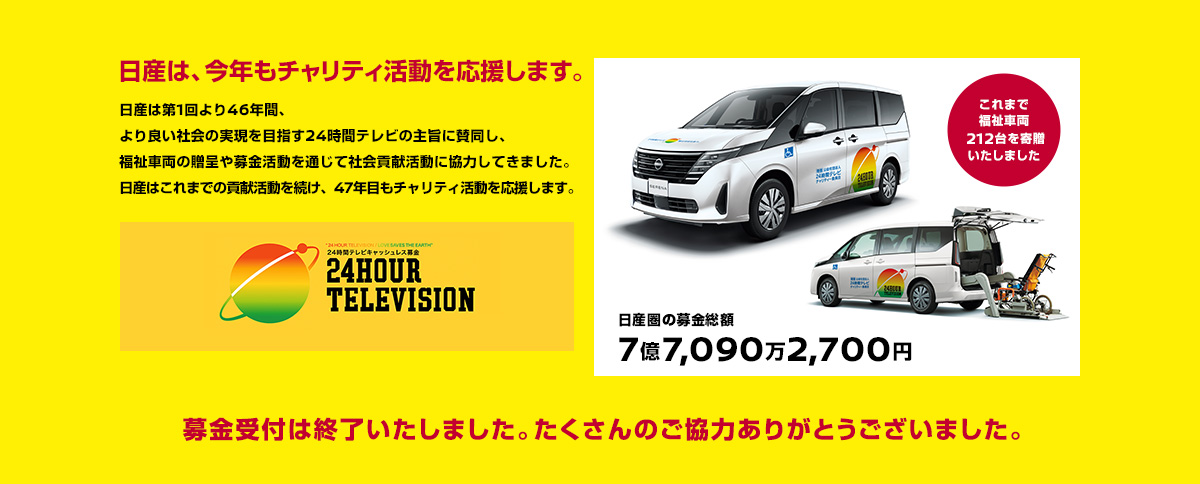 日産は第1回より46年間、より良い社会の実現を目指す24時間テレビの主旨に賛同し、福祉車両の贈呈や募金活動を通じて社会貢献活動に協力してきました。日産はこれまでの貢献活動を続け、47年目もチャリティ活動を応援します。 募金受付は終了いたしました。たくさんのご協力ありがとうございました。